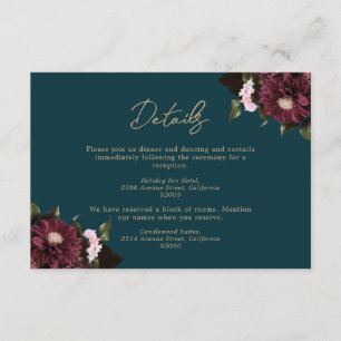 Elegant Dark Teal Burgundy Floral Wedding Enclosure Card
