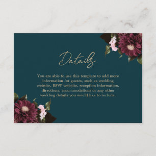 Elegant Dark Teal Burgundy Floral Wedding Enclosure Card