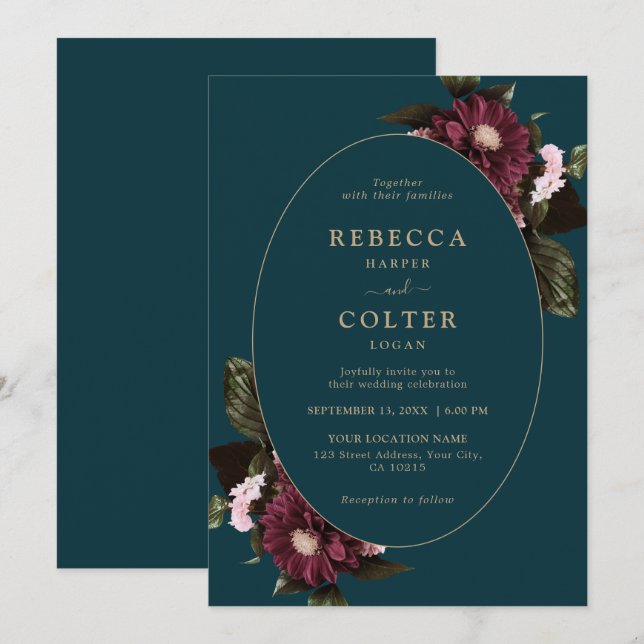 Elegant Dark Teal Burgundy Floral Wedding   Invitation (Front/Back)