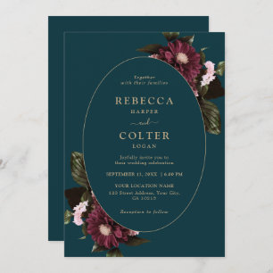 Elegant Dark Teal Burgundy Floral Wedding Invitation
