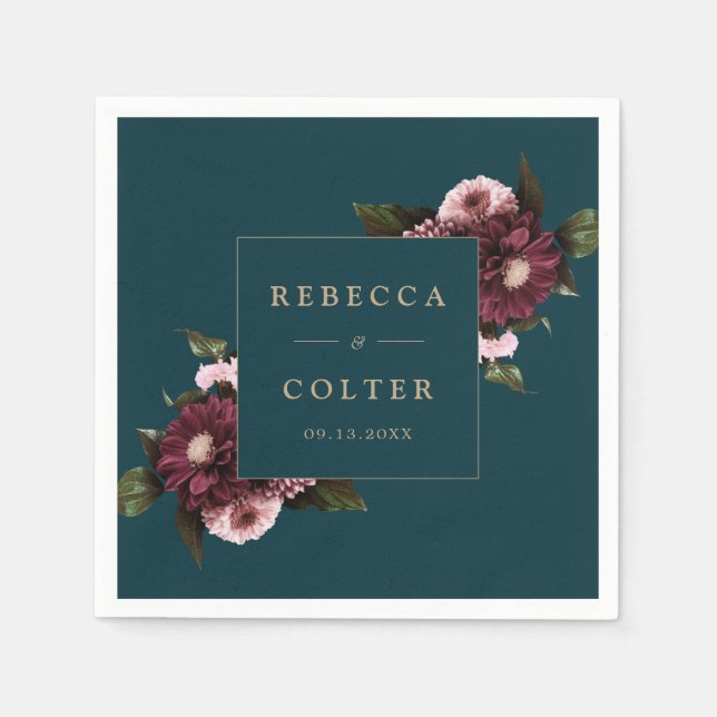 Elegant Dark Teal Burgundy Floral Wedding Napkins (Front)