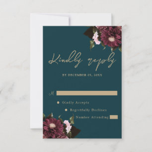 Elegant Dark Teal Burgundy Floral Wedding RSVP Card