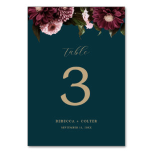 Elegant Dark Teal Burgundy Floral Wedding Table Number