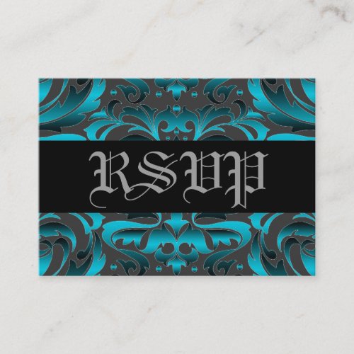 Elegant Dark Teal Damask RSVP Wedding Card Business Cards