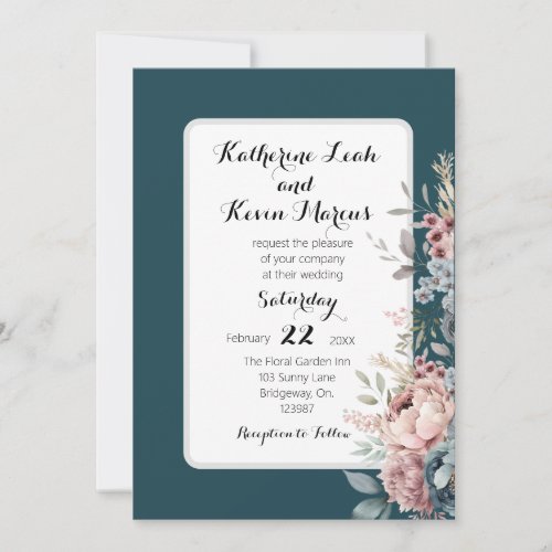 Elegant Dark Teal Dusty Rose Floral  Invitation