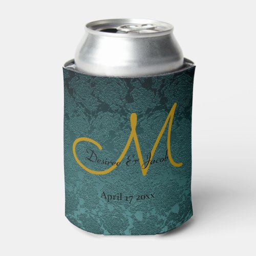 Elegant Dark Teal Gold Black Wedding Monogram Can Cooler