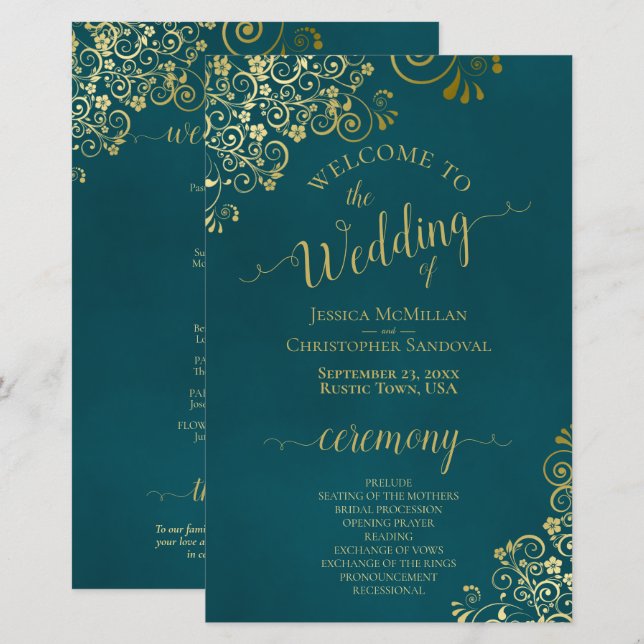 Elegant Dark Teal & Gold Budget Wedding Program (Front/Back)