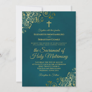 Elegant Dark Teal & Gold Modern Catholic Wedding Invitation