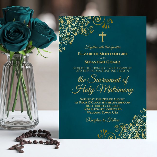 Elegant Dark Teal & Gold Modern Catholic Wedding Invitation (Creator Uploaded)