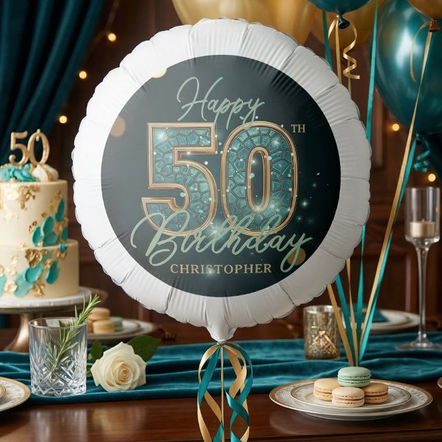 Elegant Dark Teal Gold Mosaic 50th Birthday Party Balloon (Creator Uploaded)