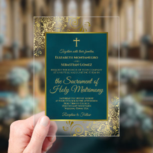 Elegant Dark Teal & Gold Ornate Catholic Wedding Acrylic Invitations