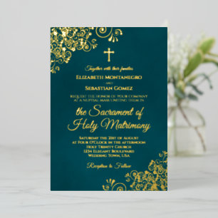 Elegant Dark Teal Modern Catholic Wedding Gold Foil Invitation