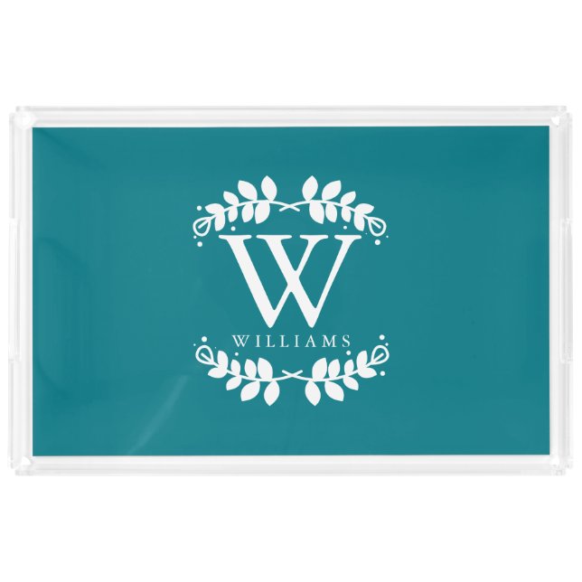 Elegant Dark Teal Modern Monogram Acrylic Tray (Front)