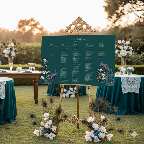 Elegant Dark Teal Peacock Botanical Seating Chart Foam Board