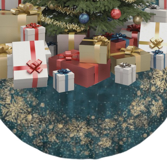 Elegant Dark Teal Velvet Gold Snowflakes Christmas Brushed Polyester Tree Skirt (Creator Uploaded)