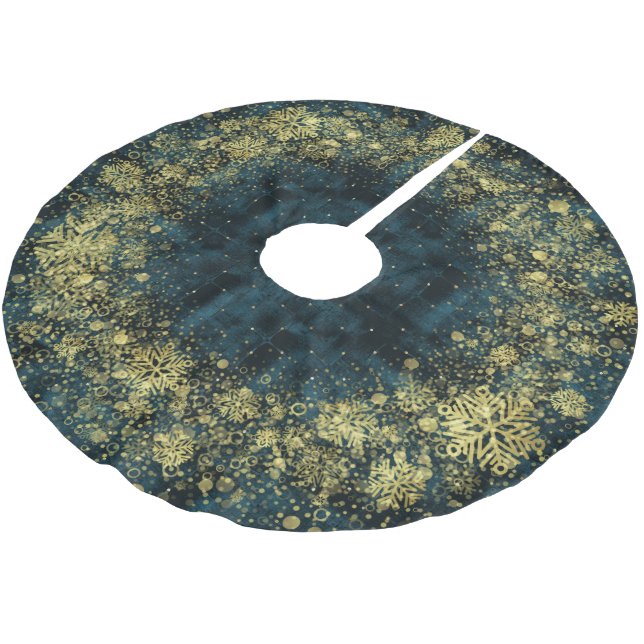 Elegant Dark Teal Velvet Gold Snowflakes Christmas Brushed Polyester Tree Skirt (Angled)