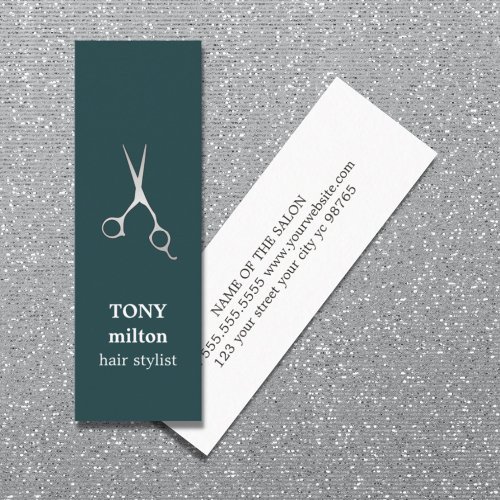 Elegant Dark Turquoise Faux Silver Scissors Hair Mini Business Card