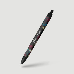 Elegant Dark Turquoise Red Floral Bloom Monogram Pen
