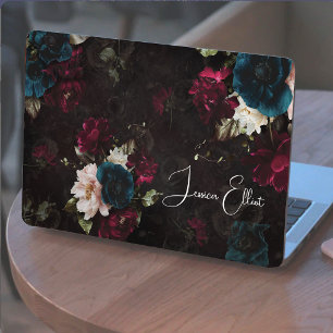 Elegant Dark Turquoise Red Floral Monogram HP Laptop Skin