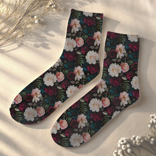 Elegant Dark Turquoise Red Floral Socks