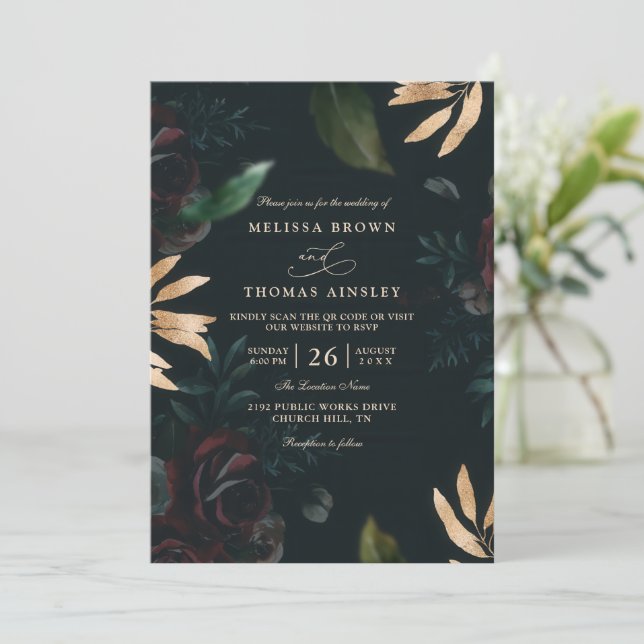 Elegant Dark Velvet Burgundy Rose QR Code Wedding Invitation (Standing Front)