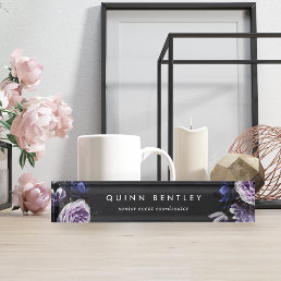 Elegant Dark Violet Floral Bouquet Desk Name Plate