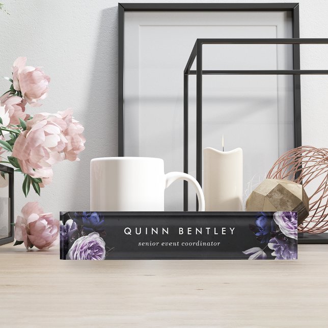 Elegant Dark Violet Floral Bouquet Desk Name Plate (Creator Uploaded)