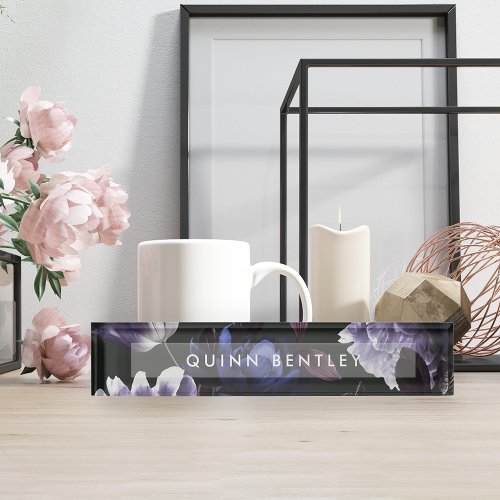 Elegant Dark Violet Floral Desk Name Plate