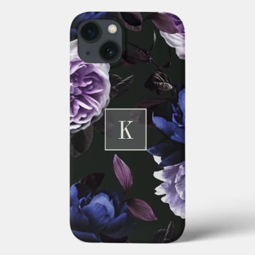 Elegant Dark Violet Floral Monogram iPhone 13 Case