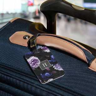 Elegant Dark Violet Floral Monogram Luggage Tag