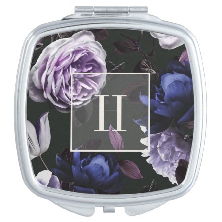 Elegant Dark Violet Floral | Monogrammed Compact Mirror