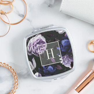 Elegant Dark Violet Floral | Monogrammed Compact Mirror