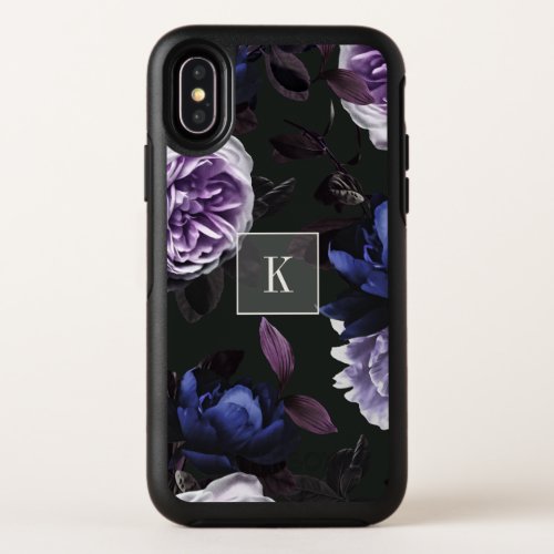 Elegant Dark Violet Floral  Monogrammed OtterBox Symmetry iPhone XS Case