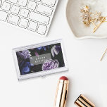 Elegant Dark Violet Floral | Personalized Business Card Case<br><div class="desc">Personalize this chic business card holder with your name or business name for an elegant way to store your cards. Design features pale lavender purple roses and deep indigo blue peonies on a dark and dramatic background. Add your custom text in modern white lettering. Makes a beautiful gift for graduations...</div>