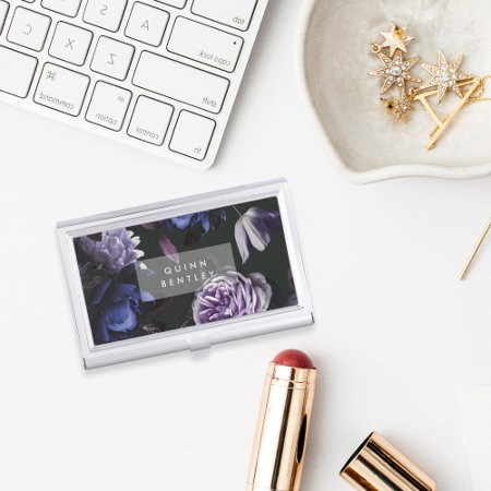 Elegant Dark Violet Floral | Personalized Business Card Case