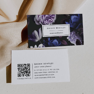 Elegant Dark Violet Floral QR Code Business Card
