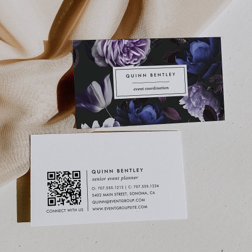 Elegant Dark Violet Floral QR Code Business Card