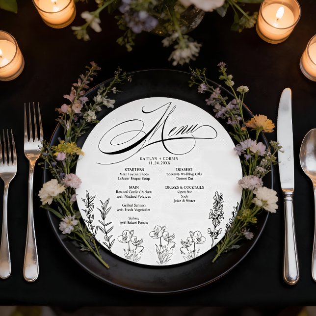 Elegant Dark Wildflower Menu Card (Elegant Charger Wedding Menu Card)