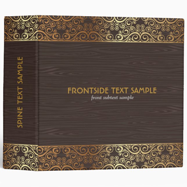 Elegant Dark Wood Grain Gold Frame 3 Ring Binder (Front/Spine)