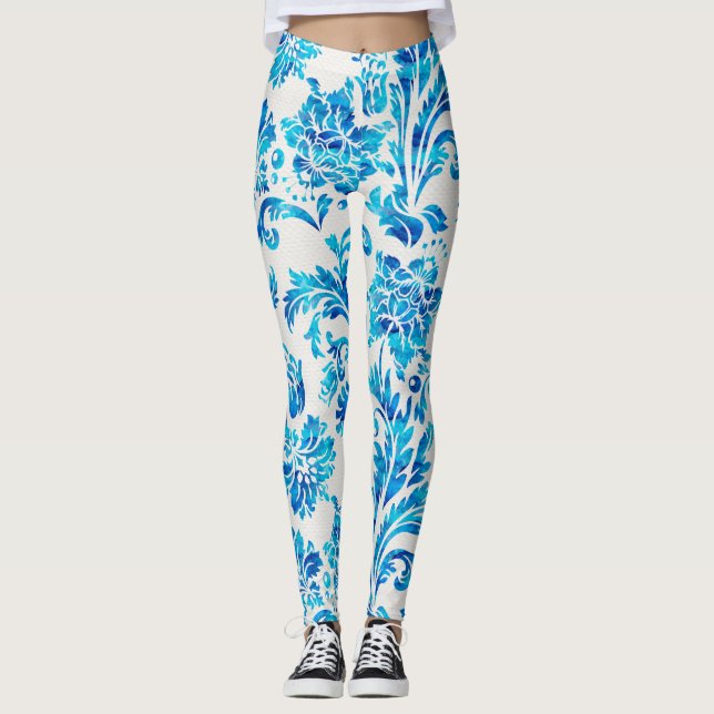 Elegant Darker Blue Damask Pattern Leggings (Front)