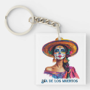 Elegant Day of the Dead Sugar Skull Lady Colorful  Keychain