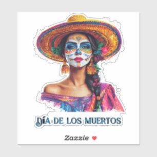 Elegant Day of the Dead Sugar Skull Lady Colorful Sticker