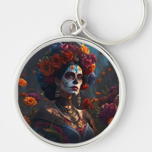Elegant Day of the Dead Vibrant Round  Key Chain