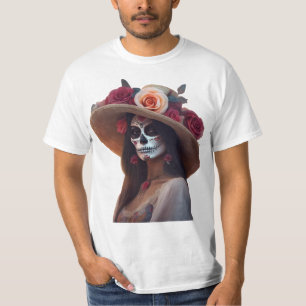 Elegant Day of the Dead Woman with Floral Hat T-Shirt