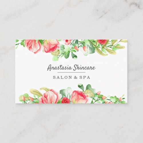 Elegant Day Spa and Salon Pink Flowers watercolor Business Card