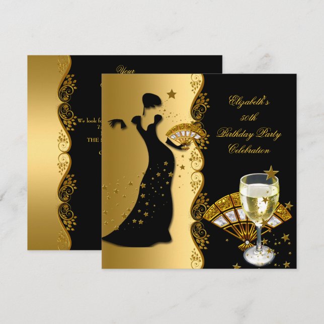 Elegant Deco Lady 50th Birthday Party Gold Black Invitation (Front/Back)