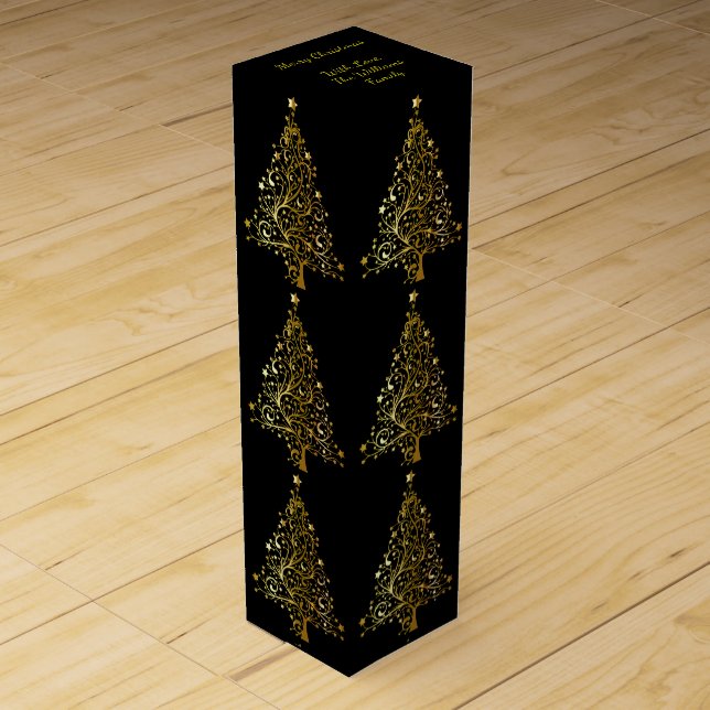 Elegant Decorative Black Gold Merry Christmas Tree Wine Gift Box (Front)