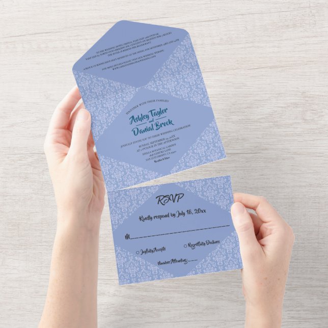 Elegant Decorative Blue Damask Modern Wedding All In One Invitation (Tearaway)
