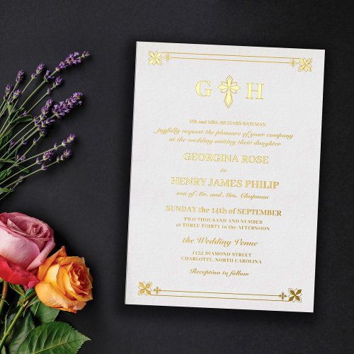 Elegant Decorative Cross Monogram Traditional Foil Invitation