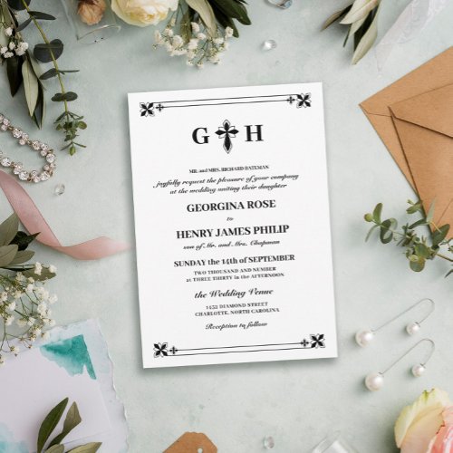 Elegant Decorative Cross Monogram Traditional Invitation